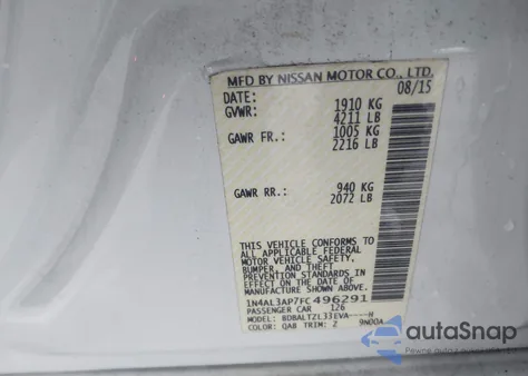 2015 Nissan Altima 2.5 Sl из США, поврежденный, VIN 1N4AL3AP7FC496291